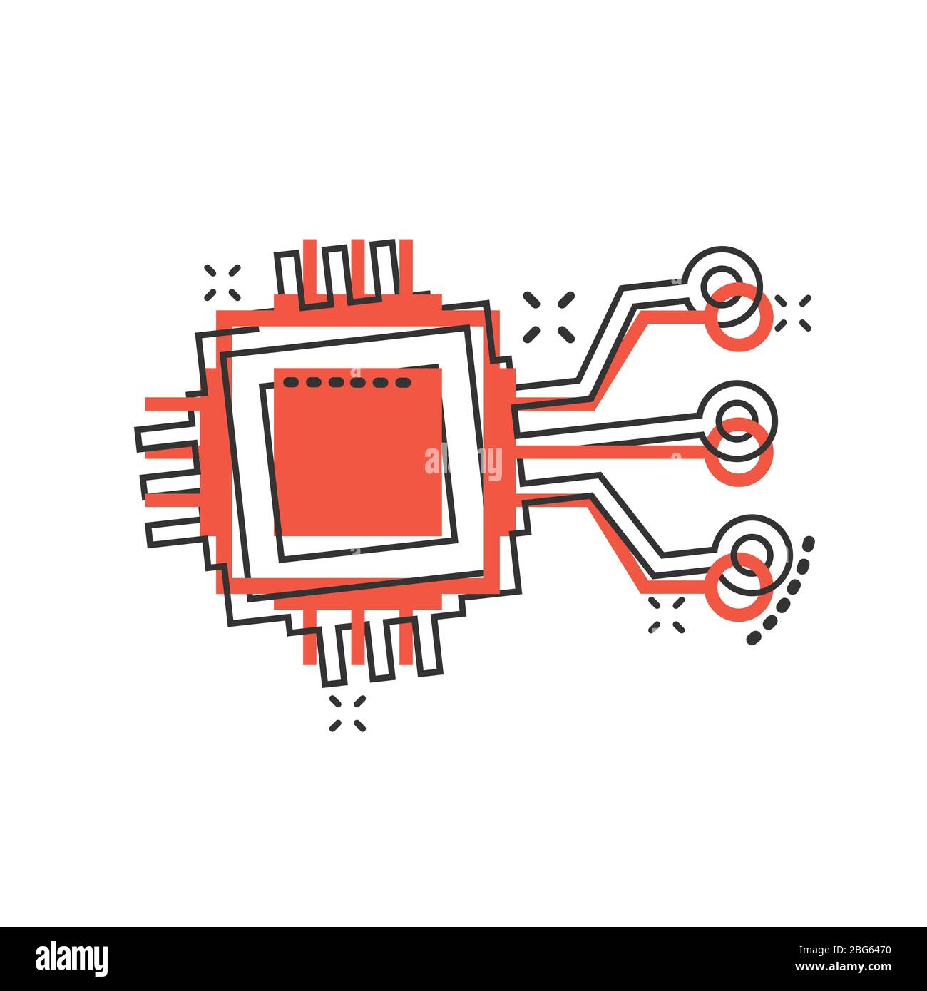 Computer chip icon in comic style. Circuit board cartoon vector illustration on white isolated background. Cpu processor splash effect business concep Stock Vector