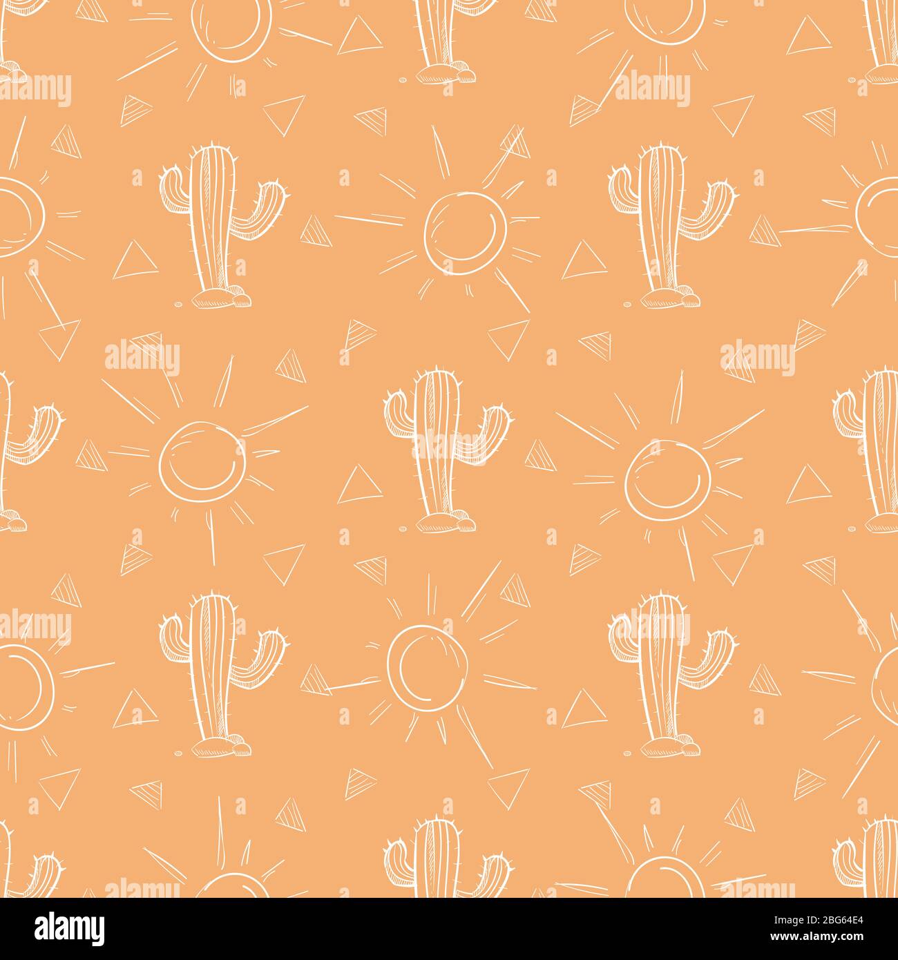 Chalk hand drawn cactus and sun seamless pattern. Vector illustration Stock Vector