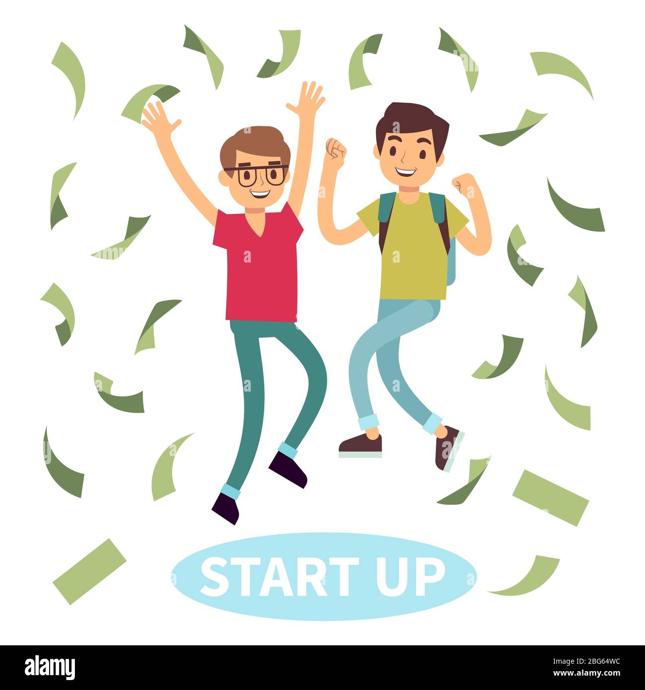 Happy successful young students in money rain. Start up concept. Vector illustration Stock Vector