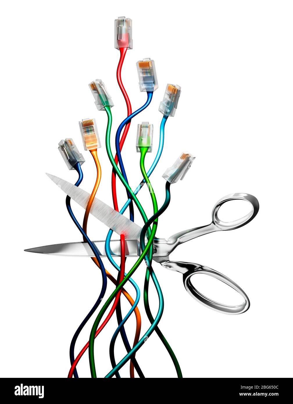 Wireless. Wi-Fi, wifi. Scissors cutting wires. ethernet cables. White background. Stock Photo