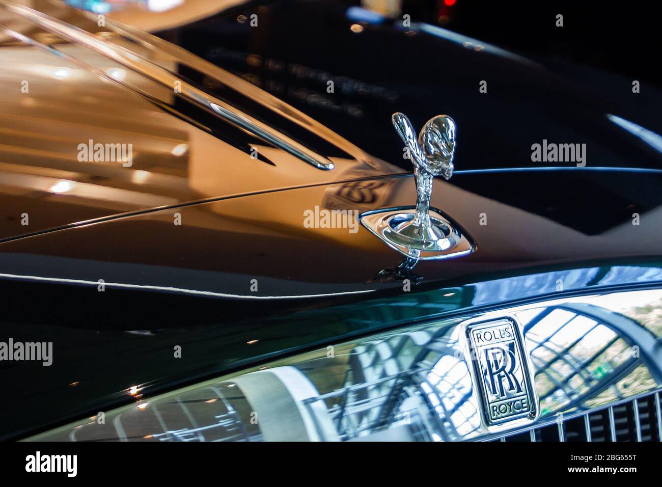 Rolls Royce, The Spirit of Ecstasy figure on a bonnet .BMW Welt, Munich, Germany, March 2020 Stock Photo