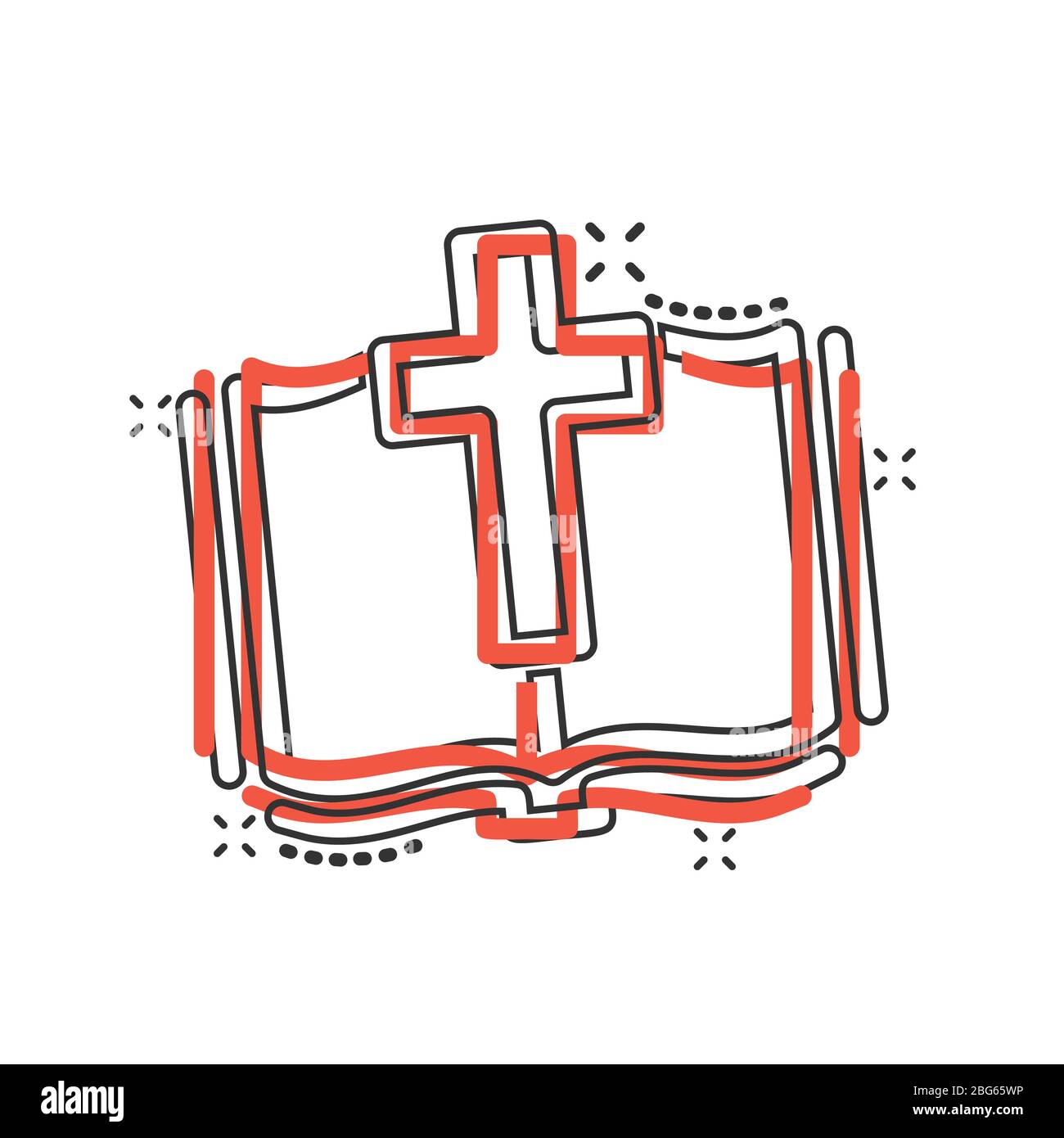 Bible book icon in comic style. Church faith cartoon vector illustration on white isolated background. Spirituality splash effect business concept. Stock Vector
