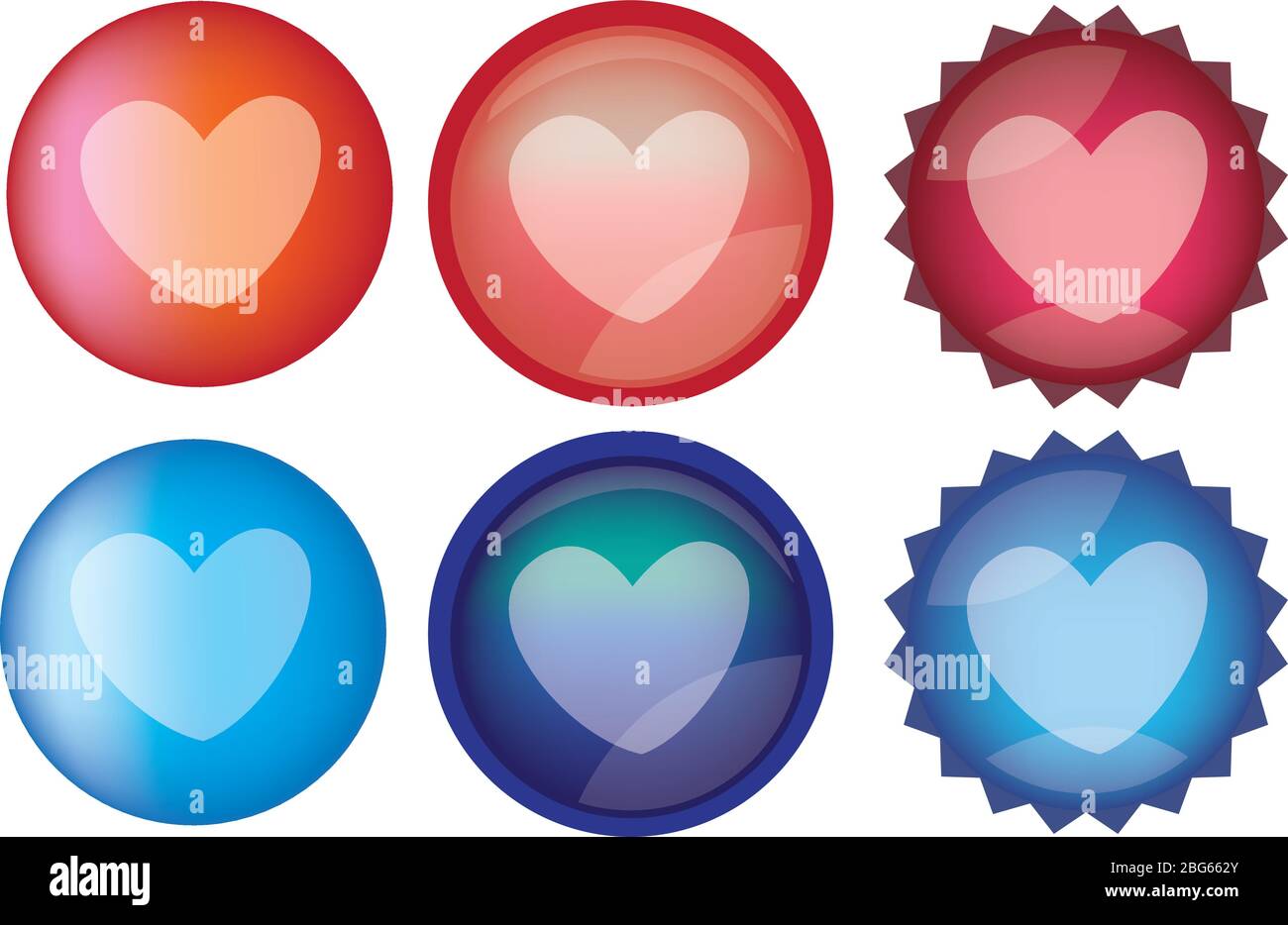 Set of six glossy round web buttons with heart shape in red and blue ...