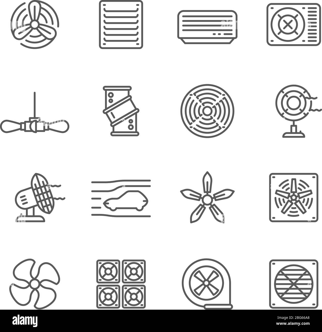 Heating and cooling airflow pictograms. Ventilation, airing filter, fan, blower, aerodynamics, turbine air vector icons. Illustration of airflow venti Stock Vector