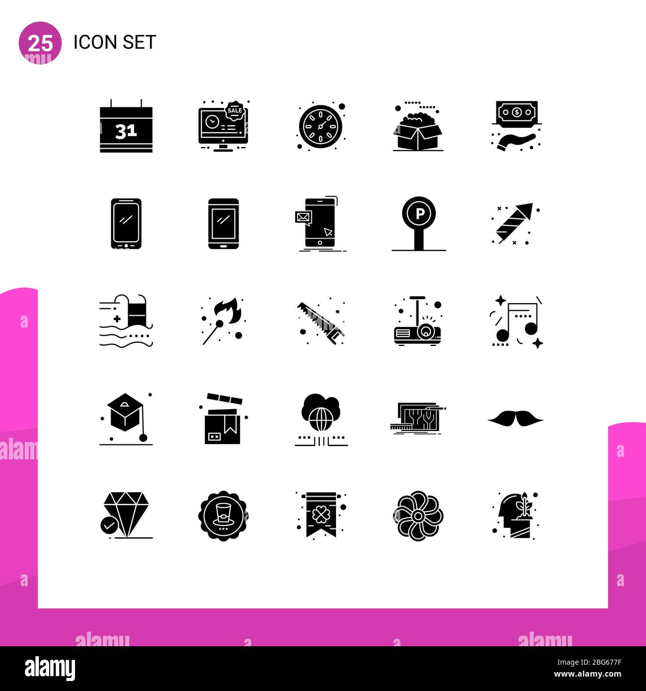 Mobile Interface Solid Glyph Set of 25 Pictograms of funds, financing, time, service, product Editable Vector Design Elements Stock Vector