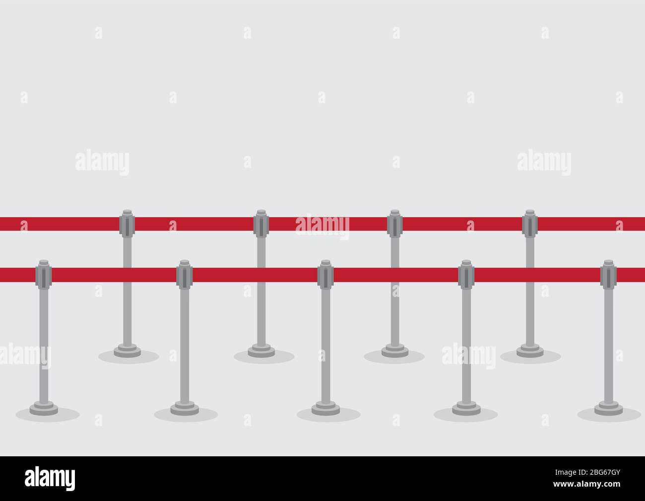 Vector illustration of two rows of queue poles and retractable belt barriers for crowd control and queuing lines isolated on grey background. Stock Vector