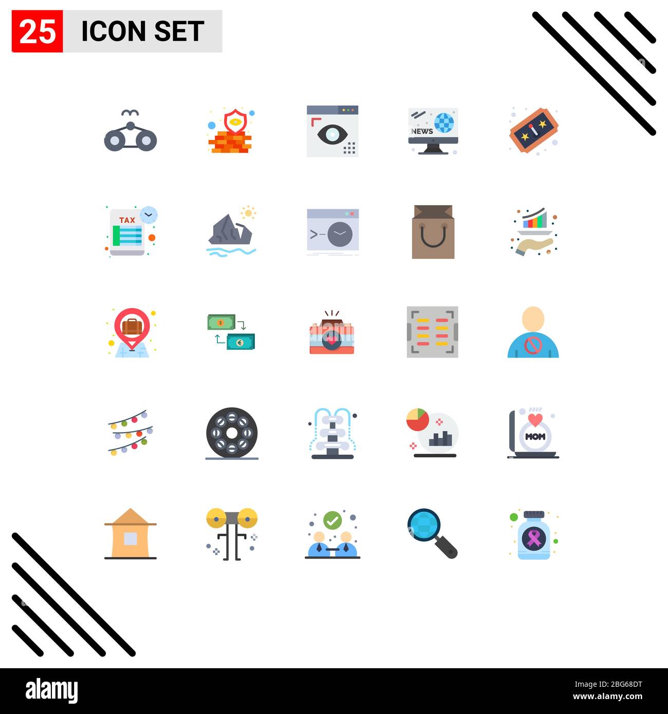 Modern Set of 25 Flat Colors Pictograph of ticket, news, coding, hobby, programing Editable Vector Design Elements Stock Vector