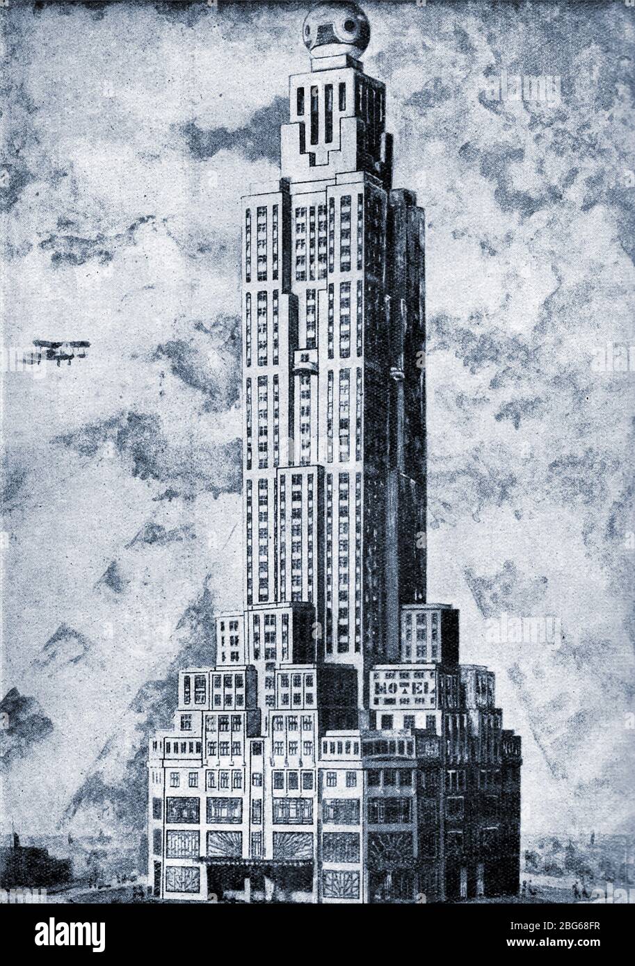 A 1930's architects drawing of the  proposed art deco  Sunray (or Sun Ray) skyscraper hotel designed by architect I. Massey. The ball at the top was intended to light up like the sun. The project was never built. (Note the biplane at left of picture) Stock Photo