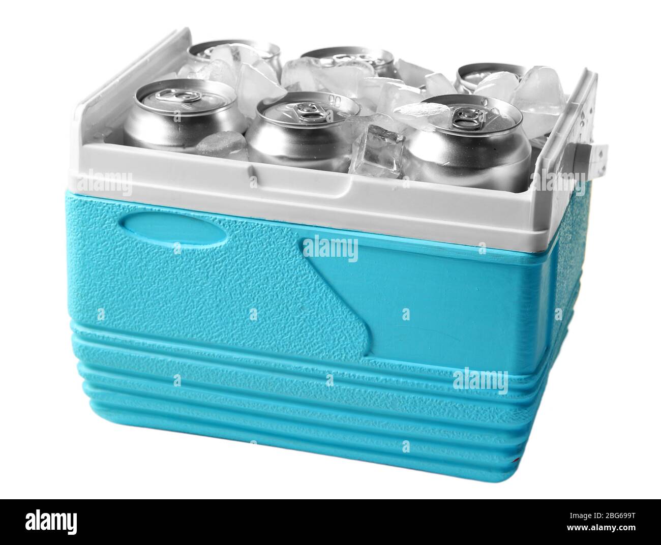 Metal cans of beer with ice cubes in mini refrigerator, isolated on