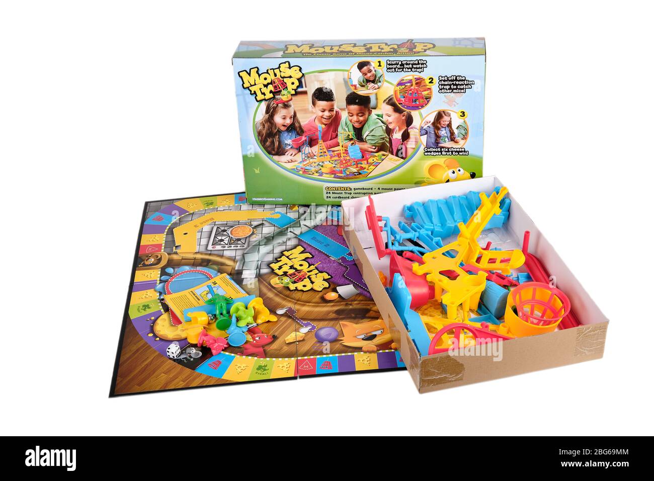 Close up of back of Hasbro Mouse trap board game box and board and pieces  ready to be assembled Stock Photo - Alamy