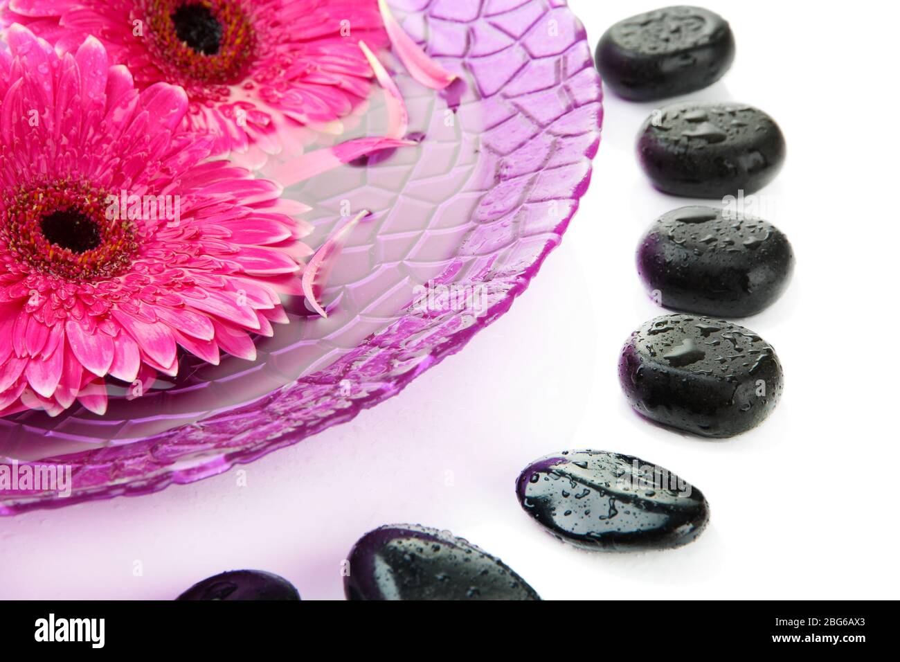 Spa stones and gerbera flowers on water, isolated on white Stock Photo ...