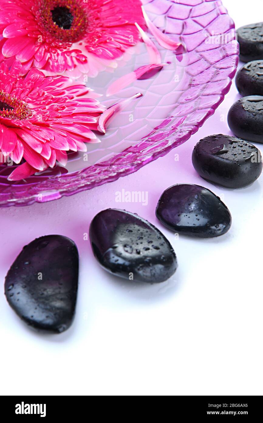 Spa stones and gerbera flowers on water, isolated on white Stock Photo ...
