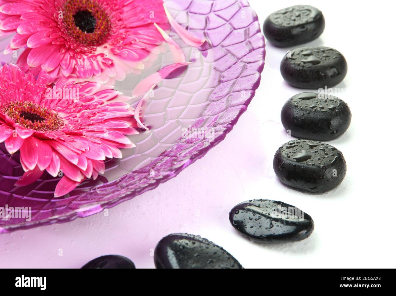 Spa stones and gerbera flowers on water, isolated on white Stock Photo ...