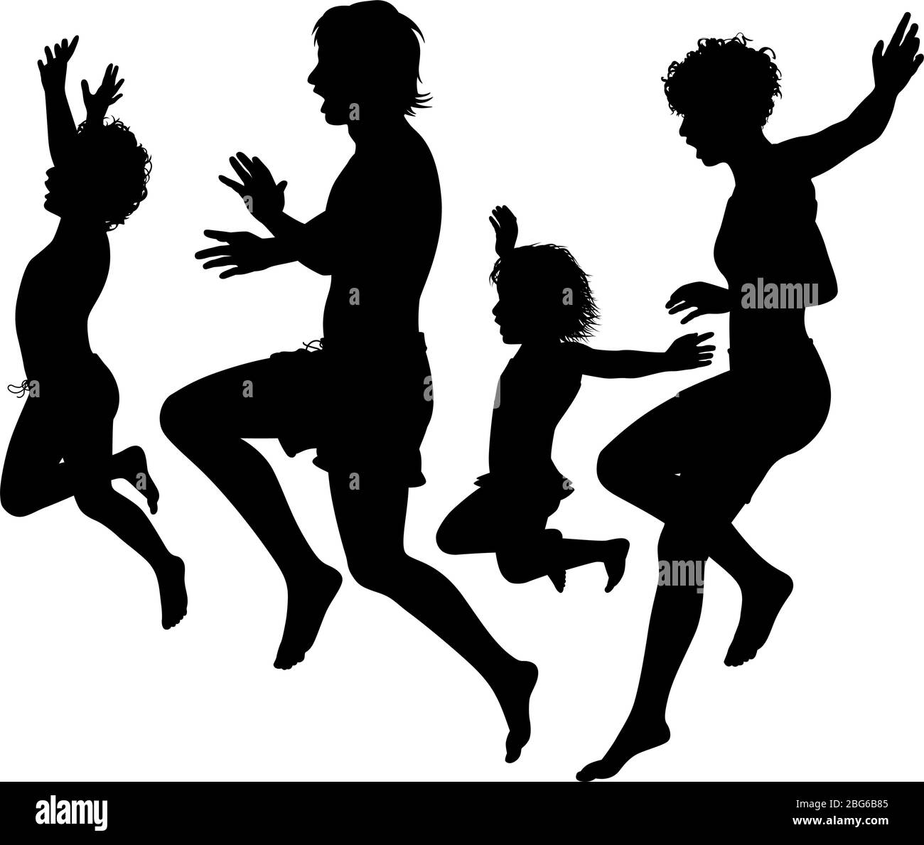 Editable vector silhouettes of a family jumping into water Stock Vector