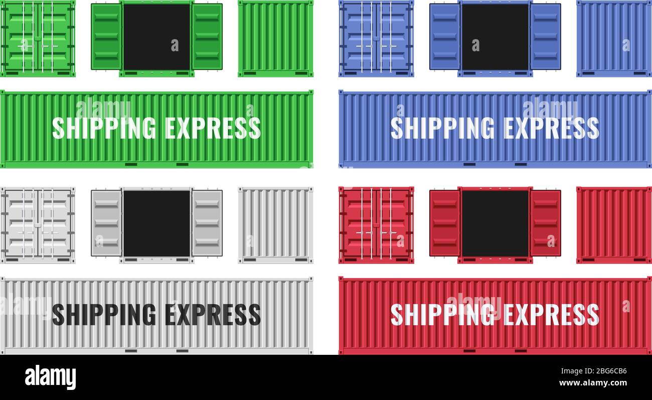 Red, blue, white and green shipping cargo metal containers. Customs ...
