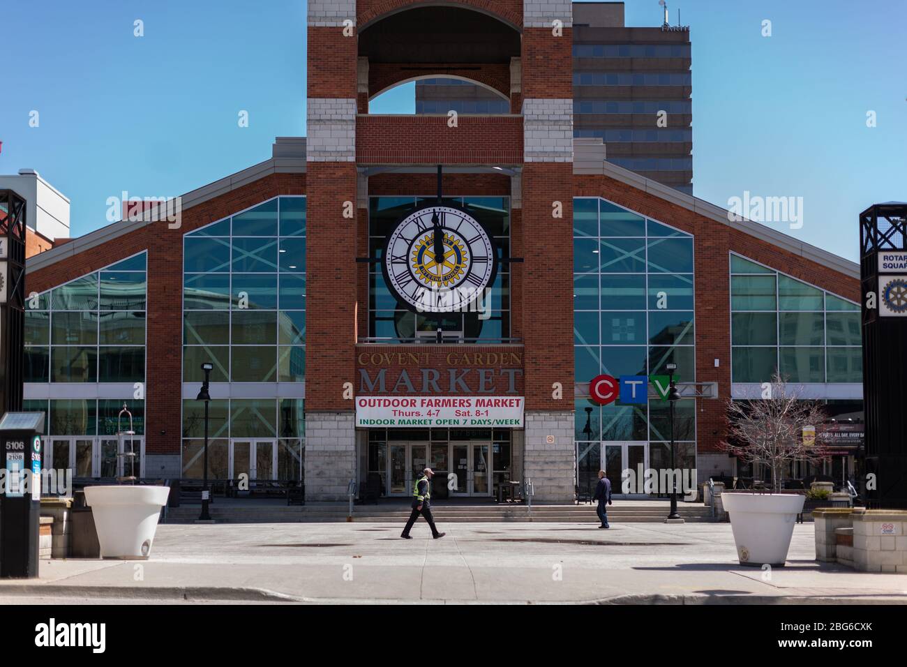 Closed and boarded up shops stores and restaurants in London, Ontario