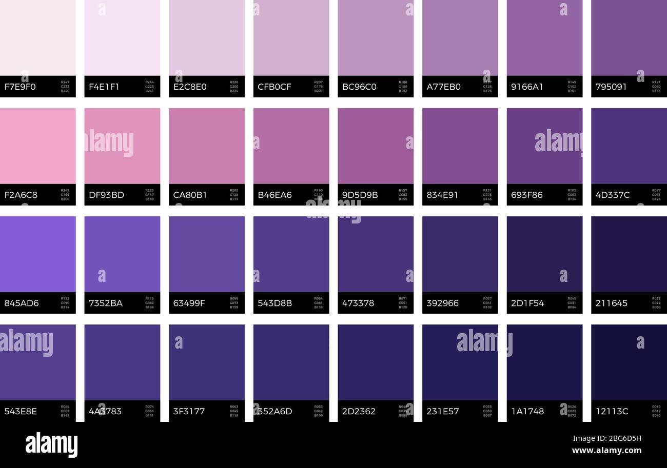 Trendy ultra violet swatches. New season fashion lavender colors vector set. Swatch violet color, purple palette collection, fashion lavender tone ill Stock Vector