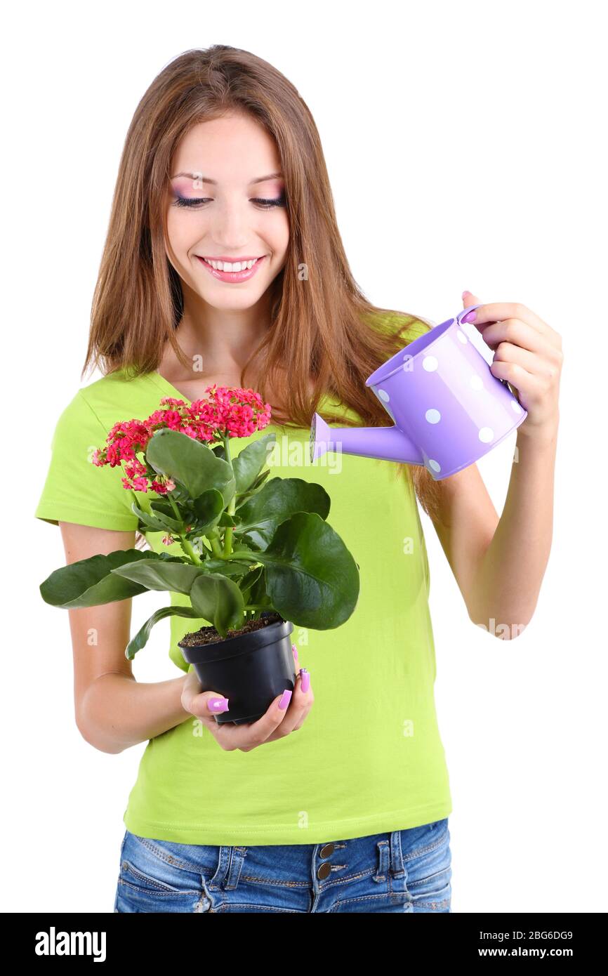 Beautiful girl with flower in pot isolated on white Stock Photo - Alamy