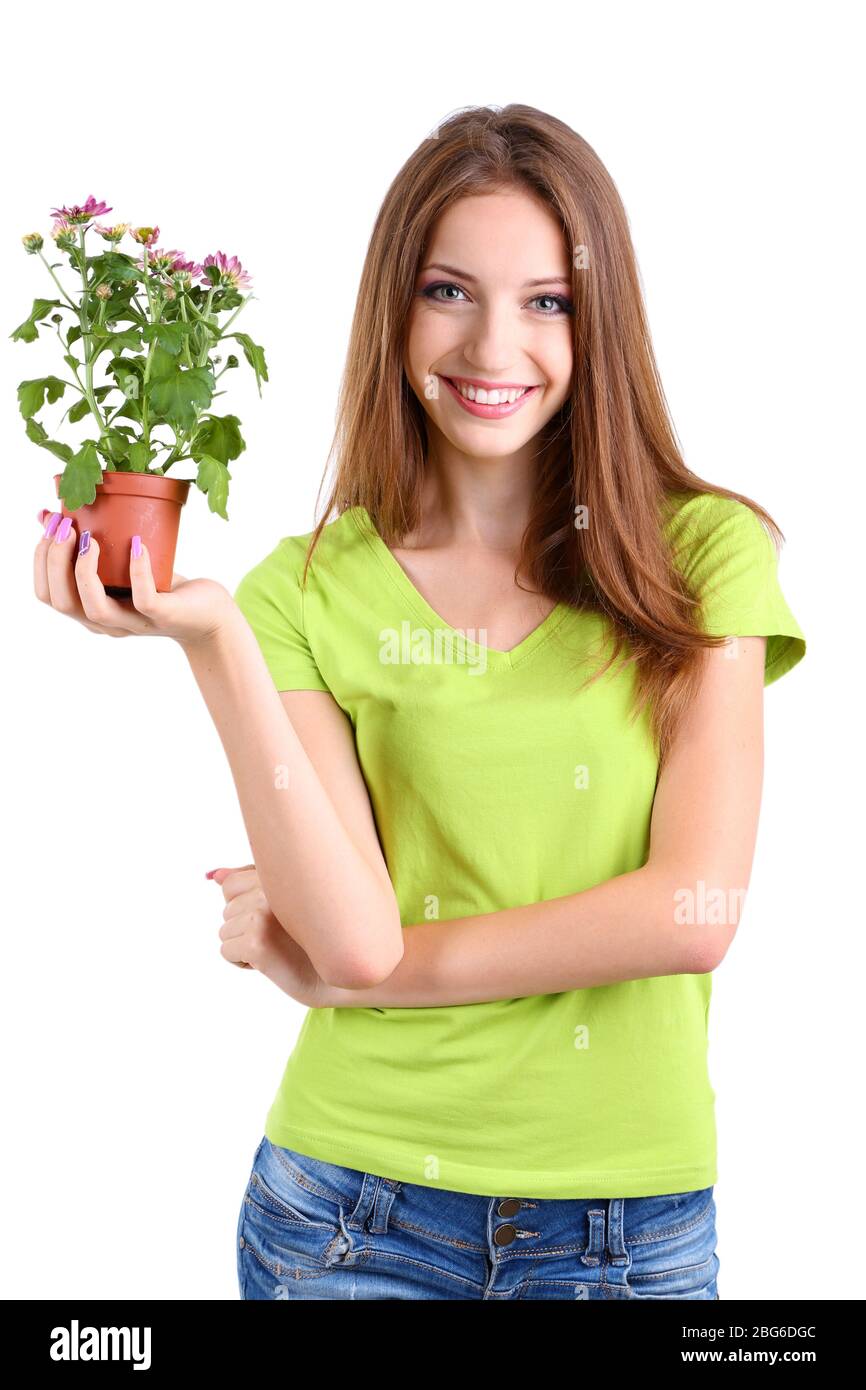 Beautiful girl with flower in pot isolated on white Stock Photo - Alamy