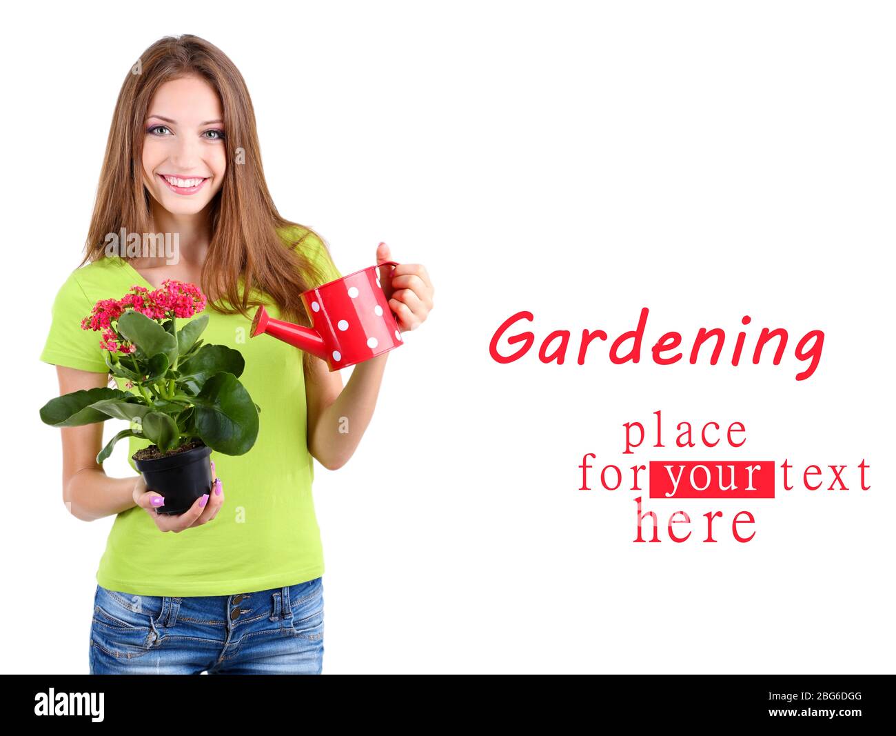 Beautiful girl with flower in pot isolated on white Stock Photo - Alamy