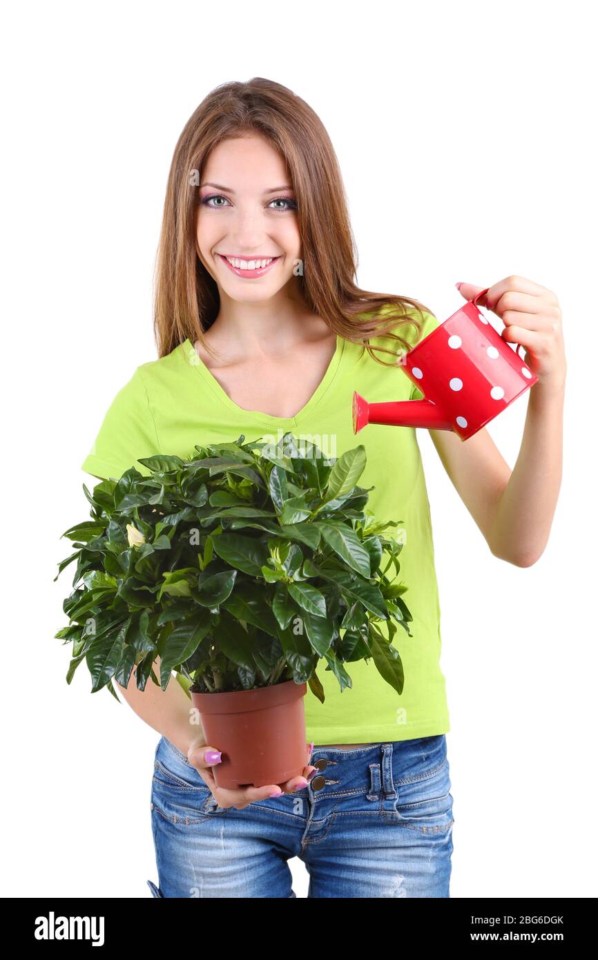 Beautiful girl with flower in pot isolated on white Stock Photo - Alamy