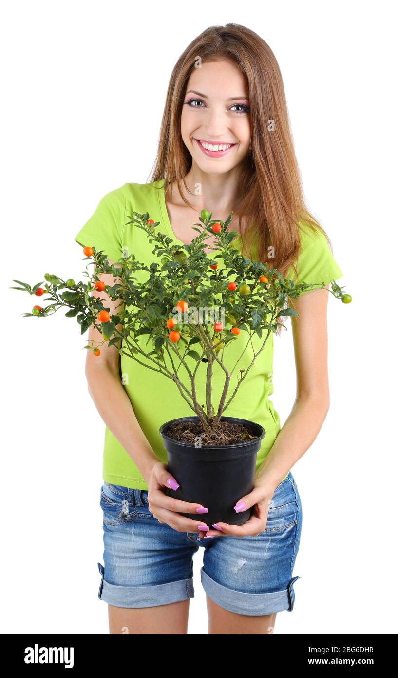 Beautiful girl with flower in pot isolated on white Stock Photo - Alamy