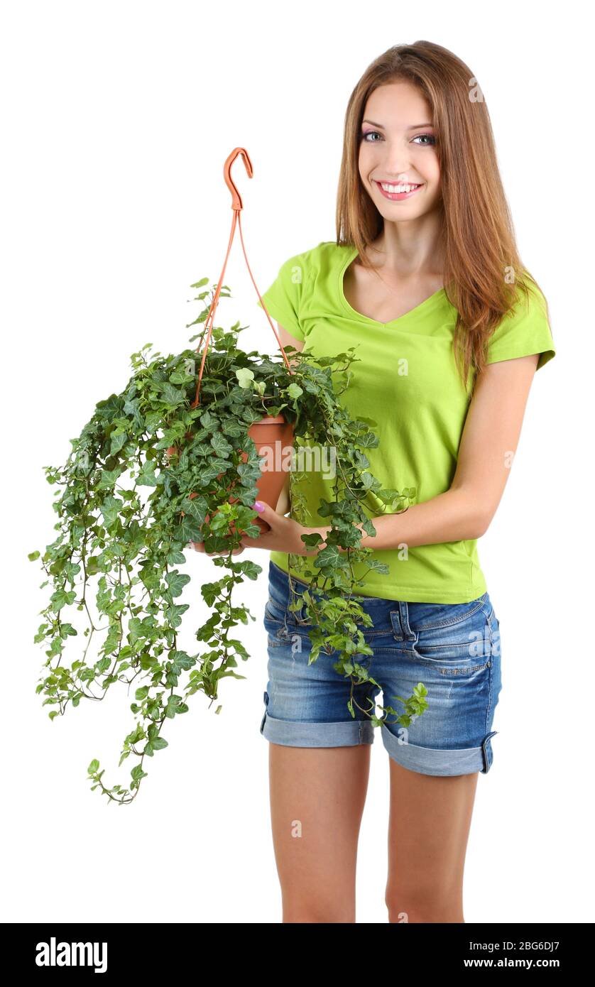 Beautiful girl with flower in pot isolated on white Stock Photo - Alamy