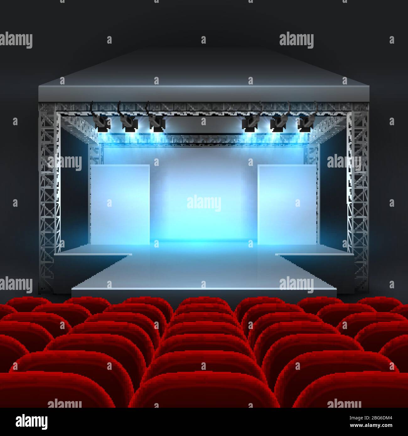 Empty theatre stage with spotlight lighting. Concert hall with podium and red seats rows. Show concert stage, podium interior for conference and perfo Stock Vector