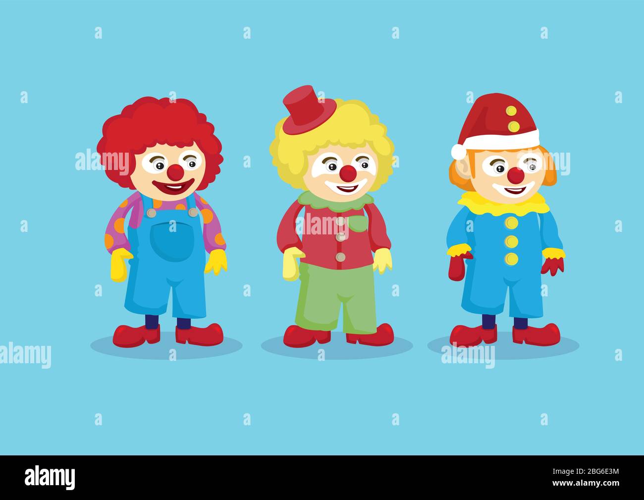 Set of three cute clowns in colorful outlandish stage costumes and red nose vector illustration. Character design isolated on blue background. Stock Vector