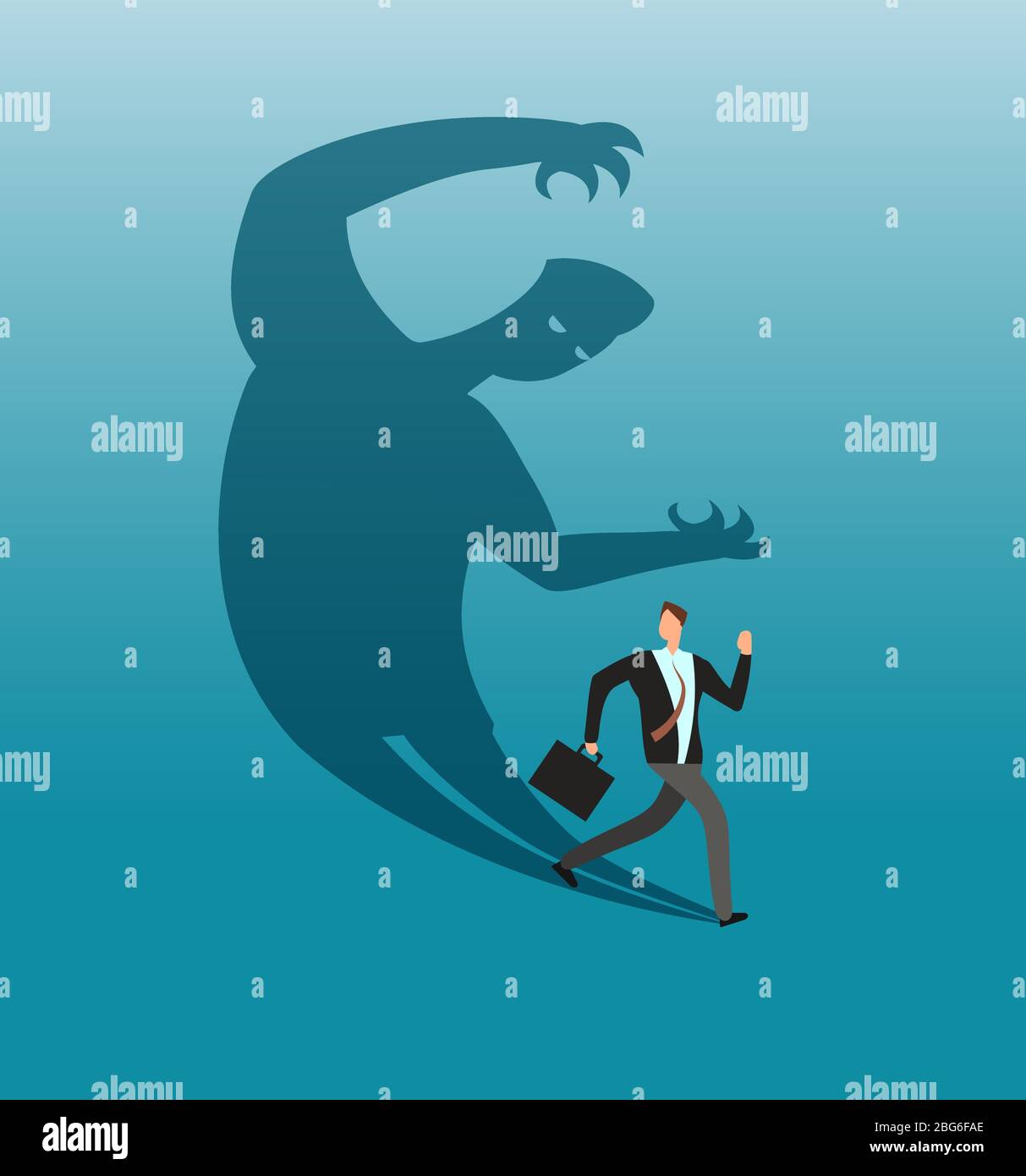 Scared businessman running away in panic from own shadow. Anxiety and conflict vector business concept. Illustration of businessman in panic and run Stock Vector