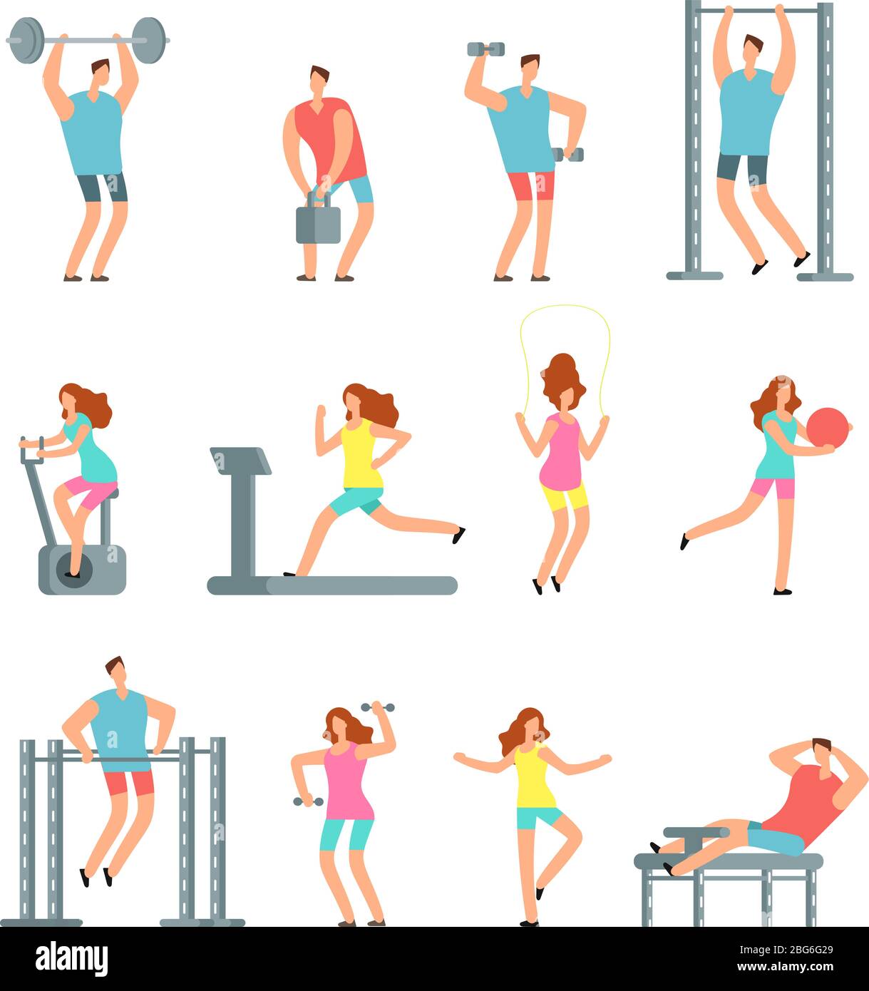 Woman and man doing various sports exercises with gym equipment. Fitness  cartoon vector people, gym workout isolated. Fitness exercise in gym,  workout Stock Vector Image & Art - Alamy