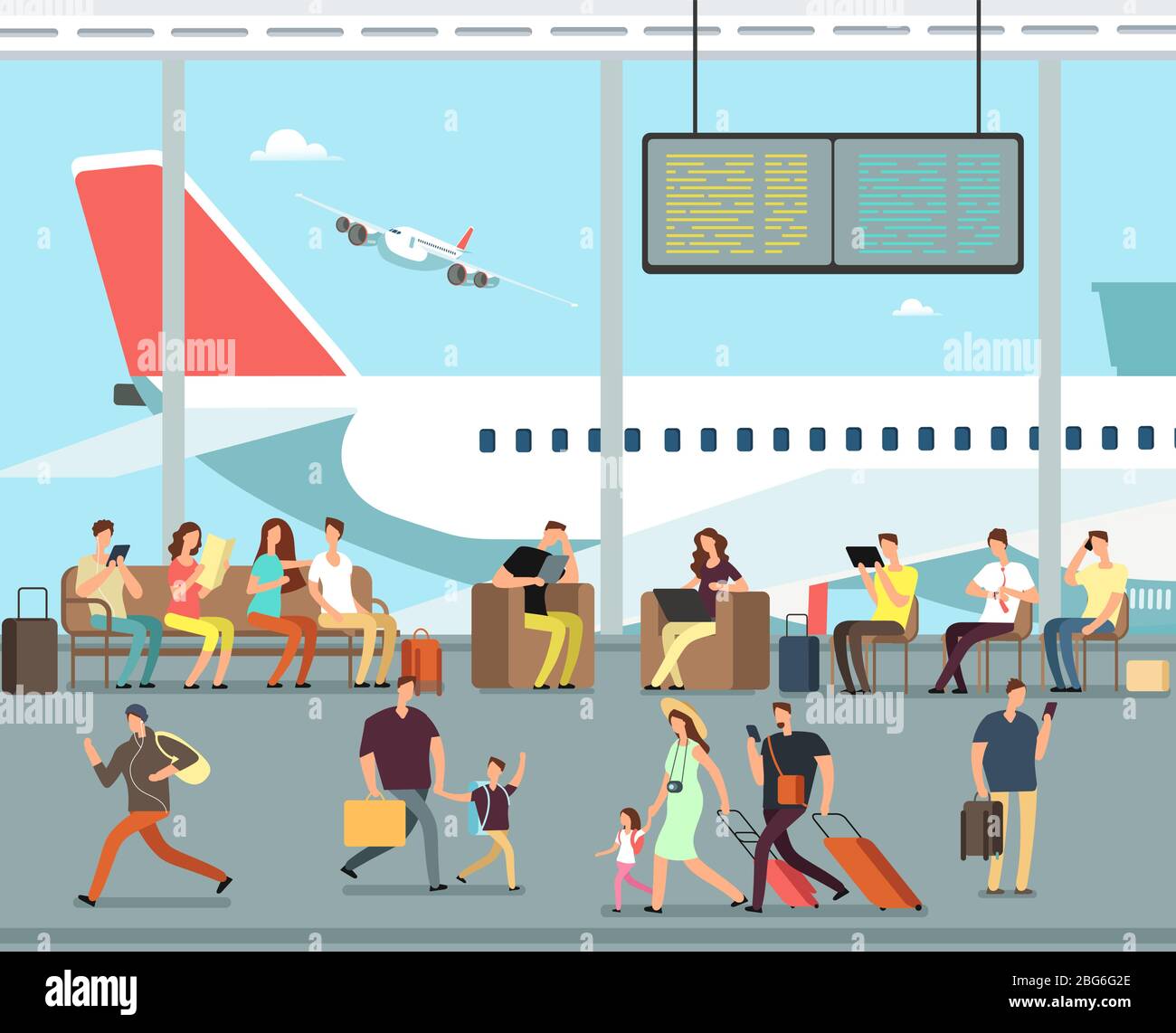 International airport terminal with sitting and walking people. Men and
