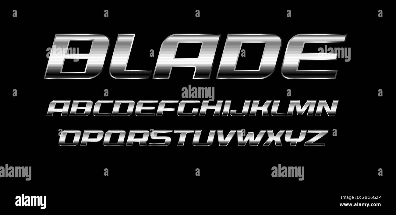 Blade letters set. Polished metal texture, chrome and silver color alphabet. Bold italic font, strong and speed style, ideal for sport and automotive Stock Vector
