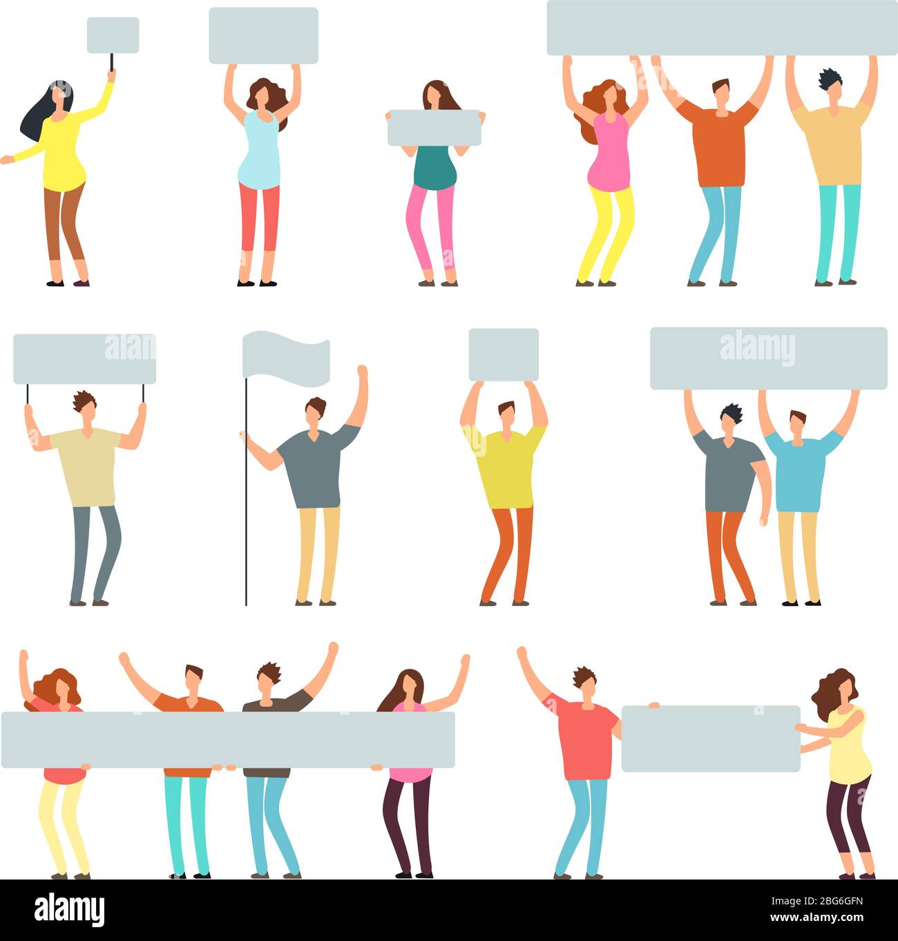 Peaceful man, woman holding banners and placards. People at demonstration, picket. Vector isolated characters for peace protest concept. Demonstration Stock Vector