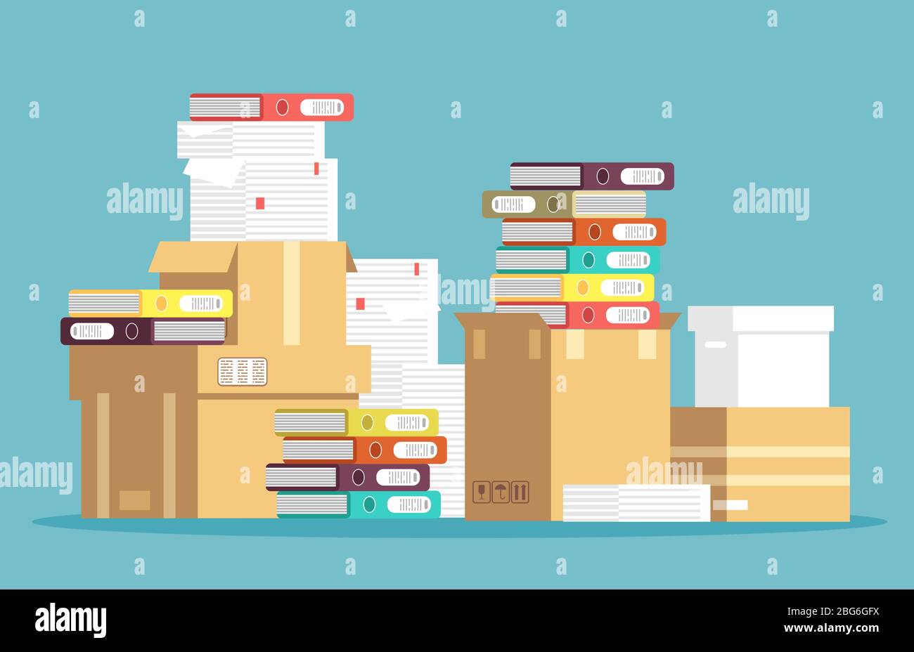 Pile of cardboard boxes, paper documents and office file folders isolated. Unorganized messy papers, paperwork vector concept. File stack, pile of pap Stock Vector