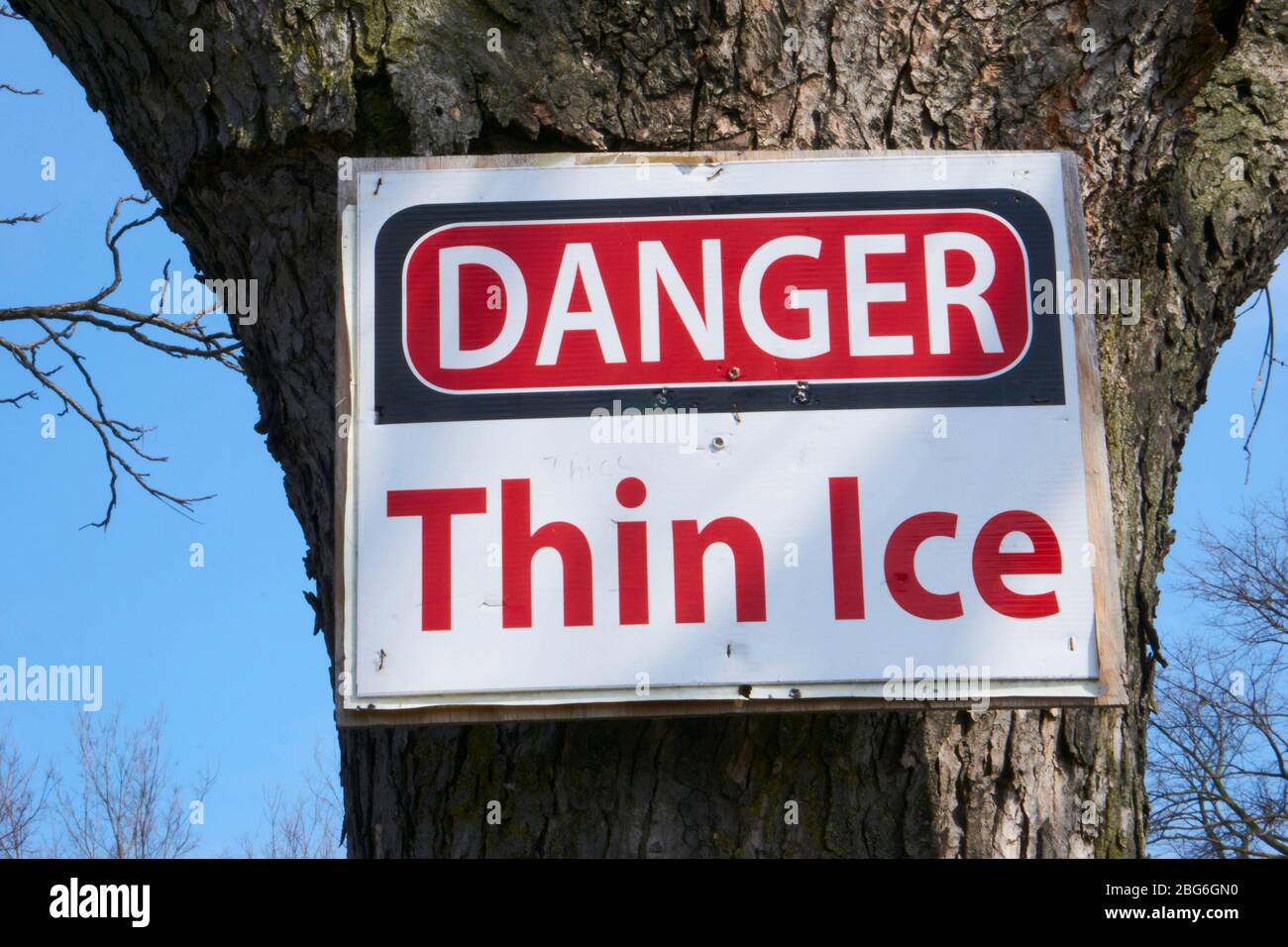 Danger Thin Ice sign attached to a tree in a park. Stock Photo
