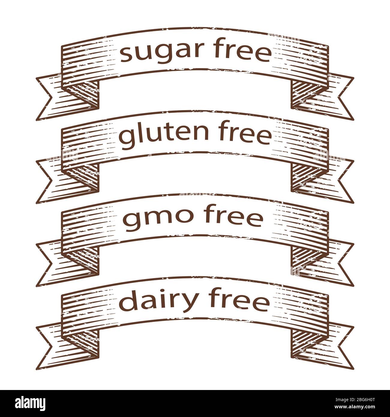 Hand drawn grunge banners - gluten free, sugar free, dairy free, gmo free banners design. Vintage ribbon, vector illustration Stock Vector