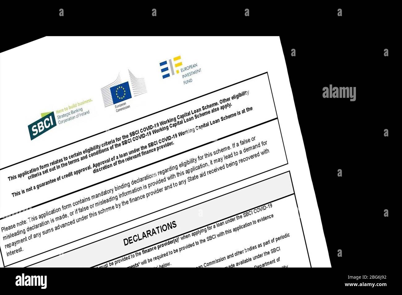 Section of the application form for the Working Capital Business Loan Scheme, designed to fund working capital in Ireland,during the Covid-19 pandemic Stock Photo