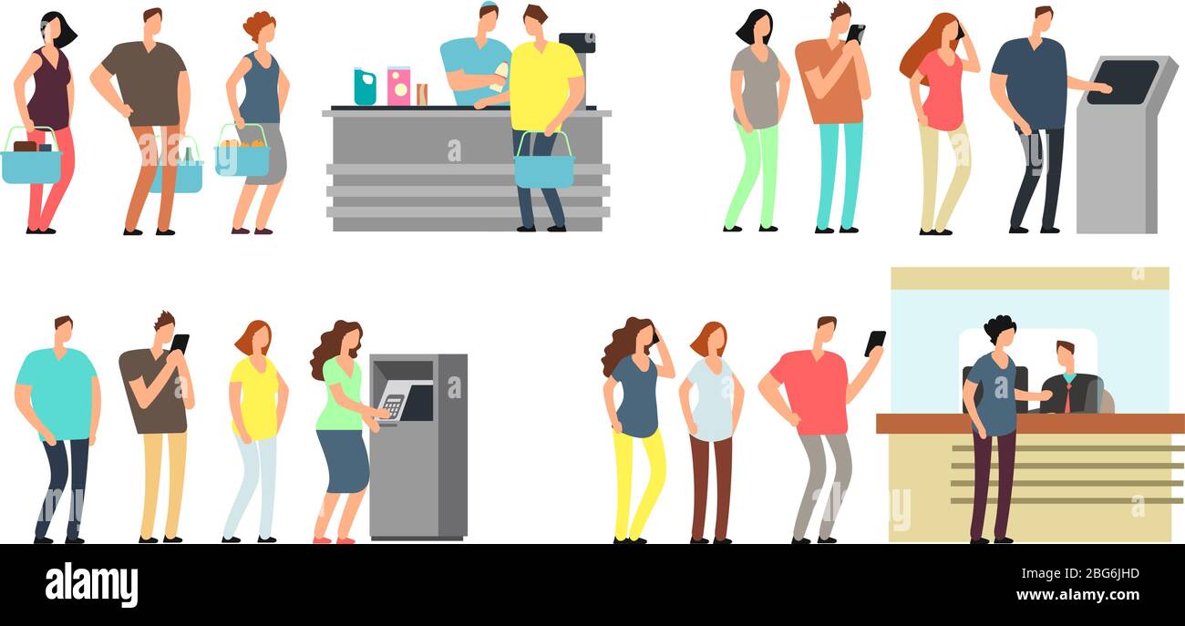 Queues of people vector set. Man and woman standing in line at atm, terminal and bank vector cartoon icons set. Queue man and woman to atm bank, finan Stock Vector