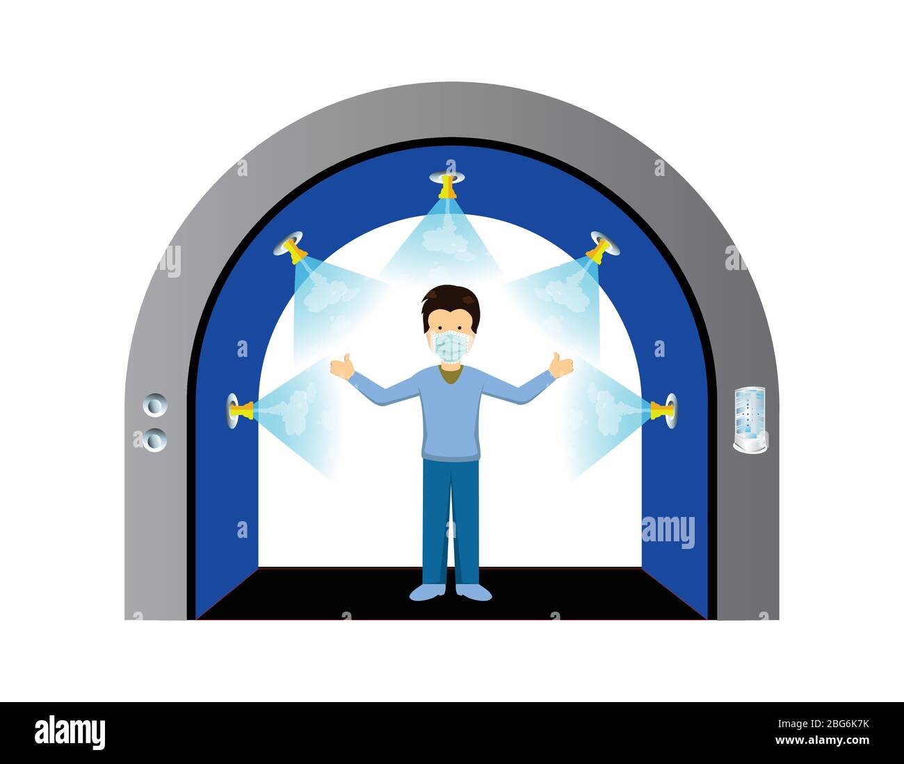 Sanitize tunnel for disinfectant and protect people from covid-19 coronavirus. Tunnel is spraying antibiotic on human body to kill germs and viruses. Stock Vector