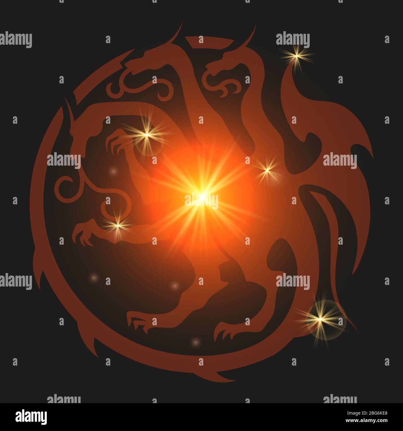 Shiny glowing dragon emblem. Heraldic style three heads dragon background. Vector illustration Stock Vector