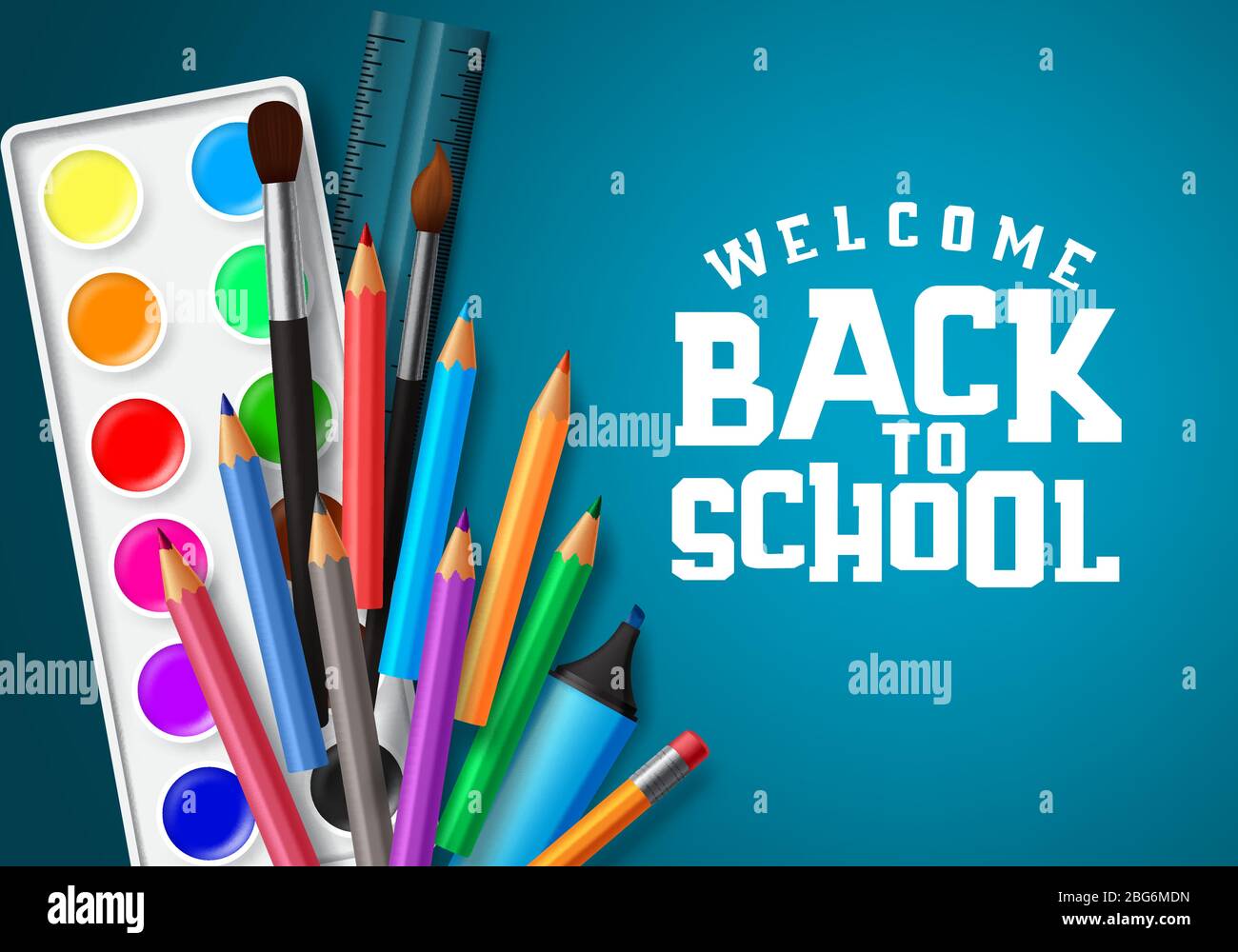 Welcome Back To School Vector Banner Design Welcome Back To School Text In Blue Space Background With Education Elements And School Items Like Water Stock Vector Image Art Alamy
