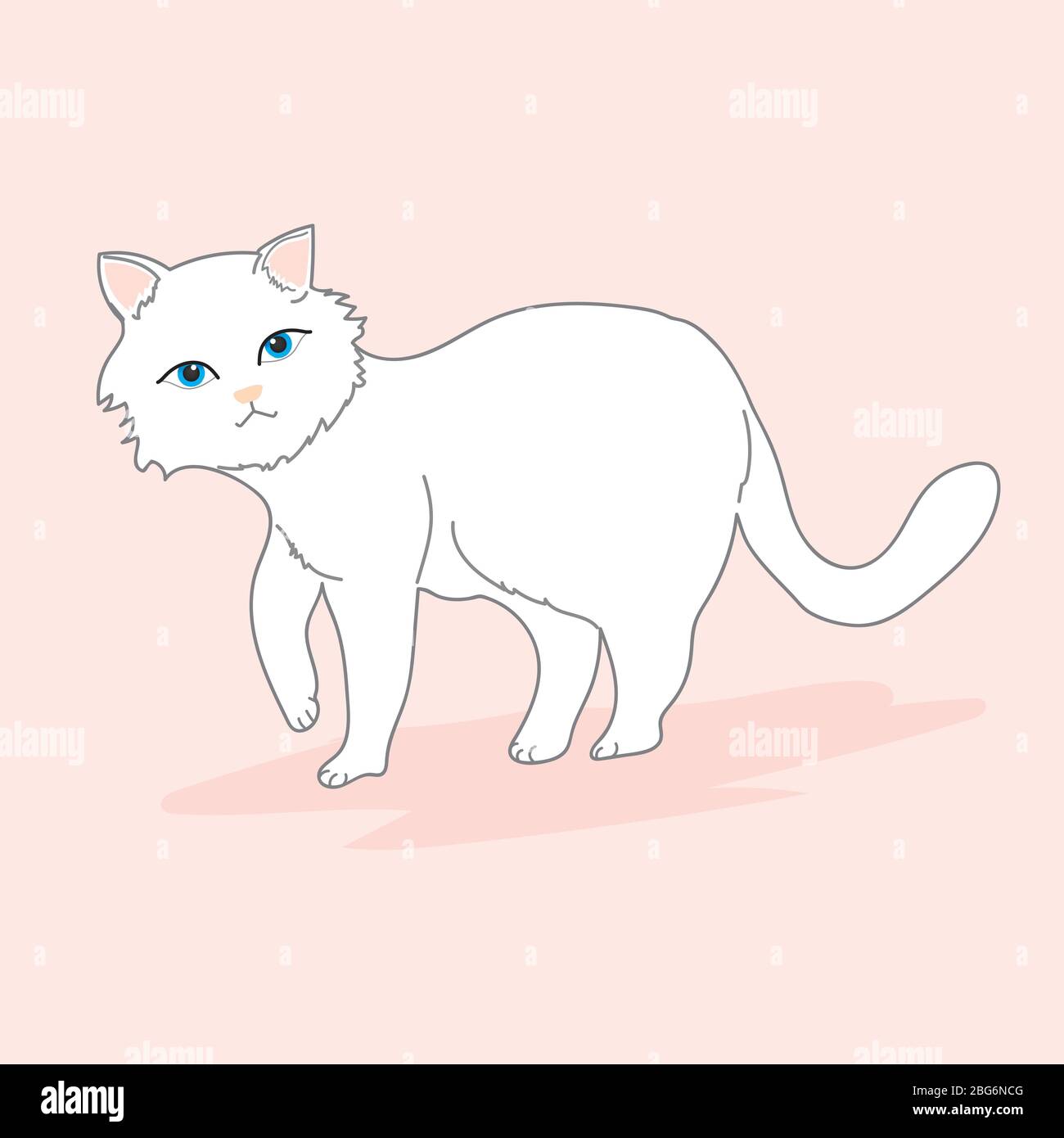 Cat Illustration clipart. Cute white cat is walking. It has blue eyes and a pale pink nose. It's on a light coloured floor. Hand draw art. Stock Vector