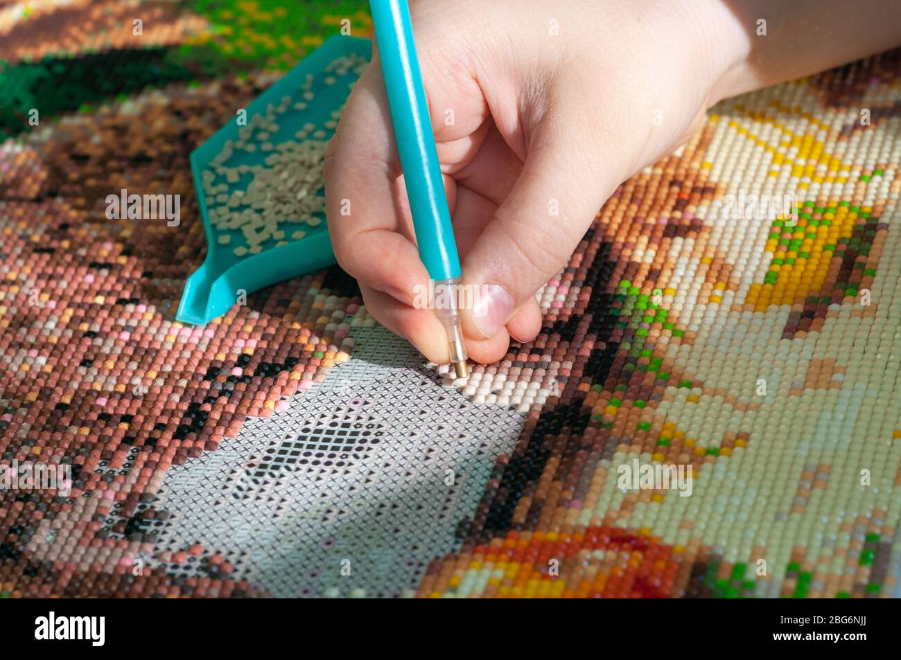 Collecting diamond embroidery, diamond mosaic. Colored crystals. Stock Photo