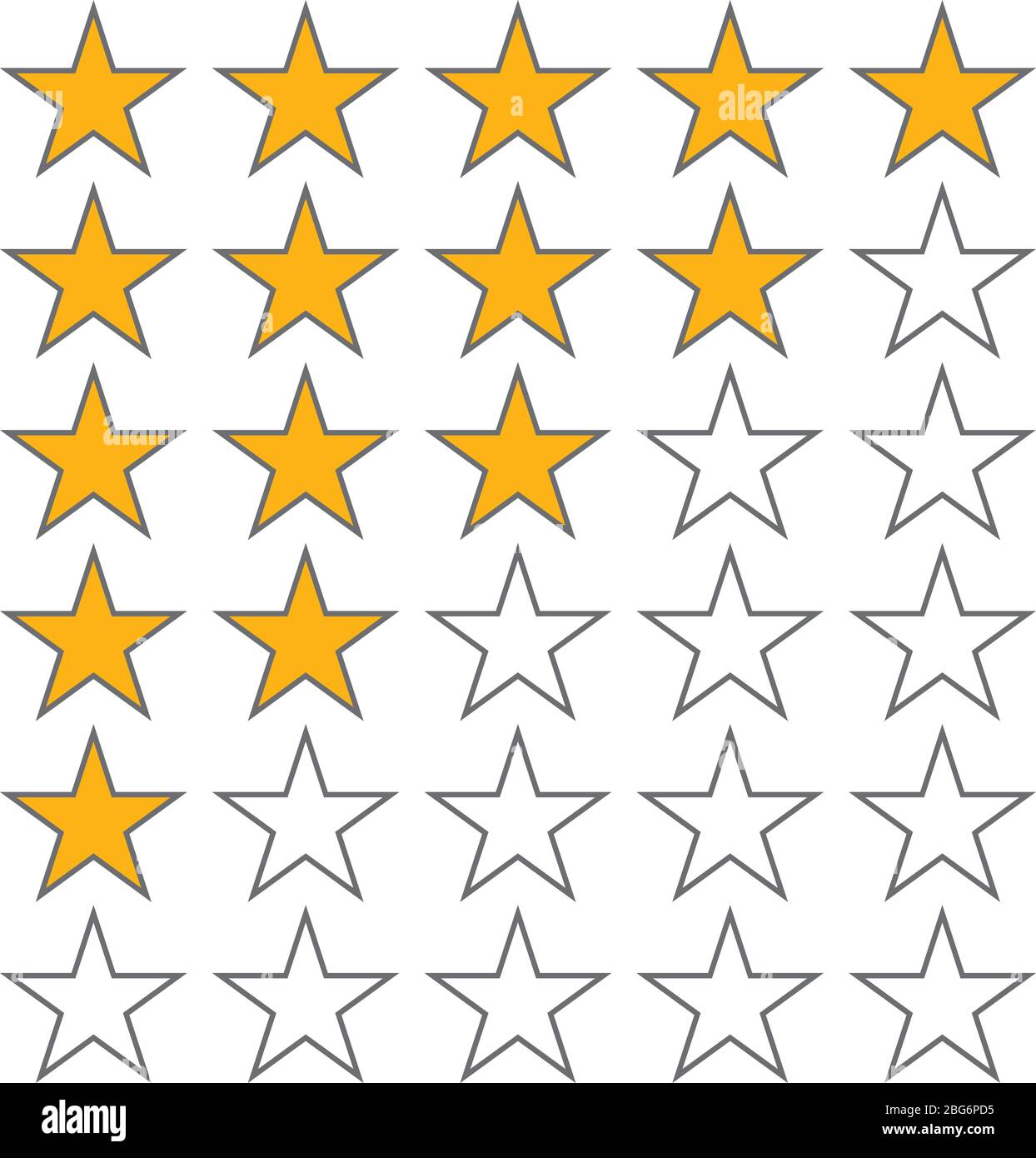 Row of five stars rate. 5 star rating vector icons isolated on white background. Star in row, review and ranking illustration Stock Vector