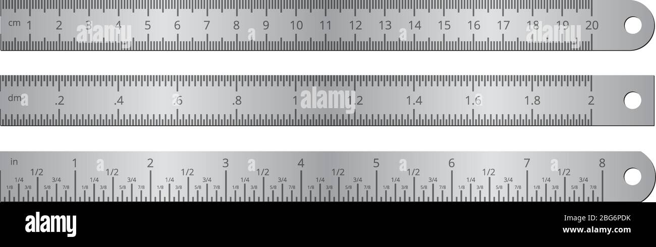 Metallic school rulers with inch and centimeter measuring scale vector illustration isolated on white background. Ruler centimeter, millimeter, instru Stock Vector