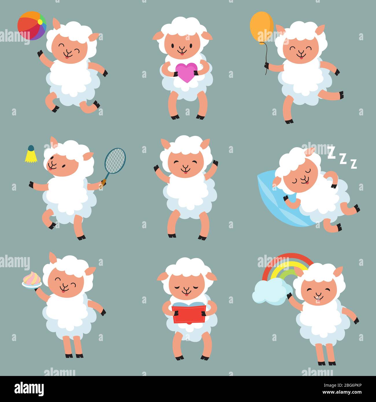 Cute baby sheep. Funny cartoon woolly lamb vector characters. Illustration of cartoon character white sheep Stock Vector