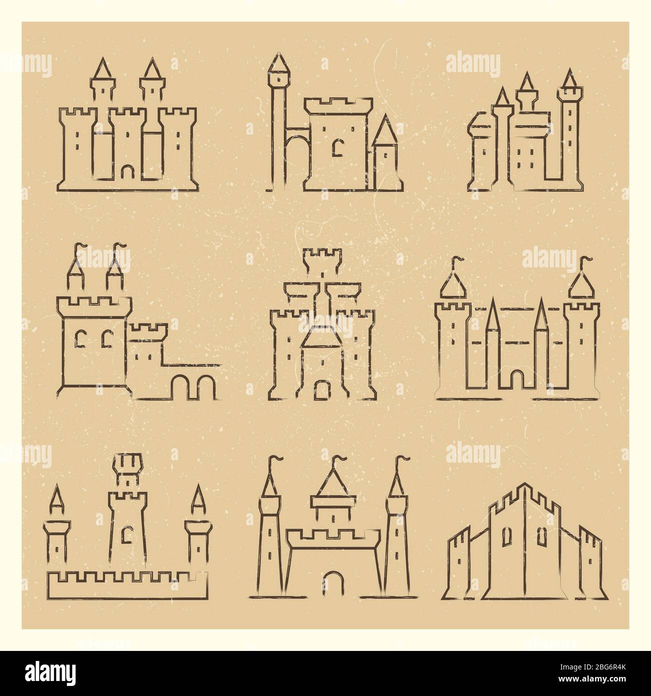 Set of medieval castles line icos tower building architecture hi-res ...