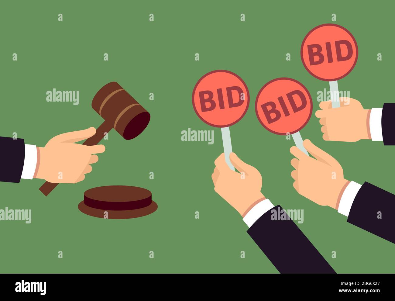 Bidders human arms holding bid paddle and auctioneer hand with gavel. Auction bidding and justice vector concept. Illustration of bidder on auction, h Stock Vector
