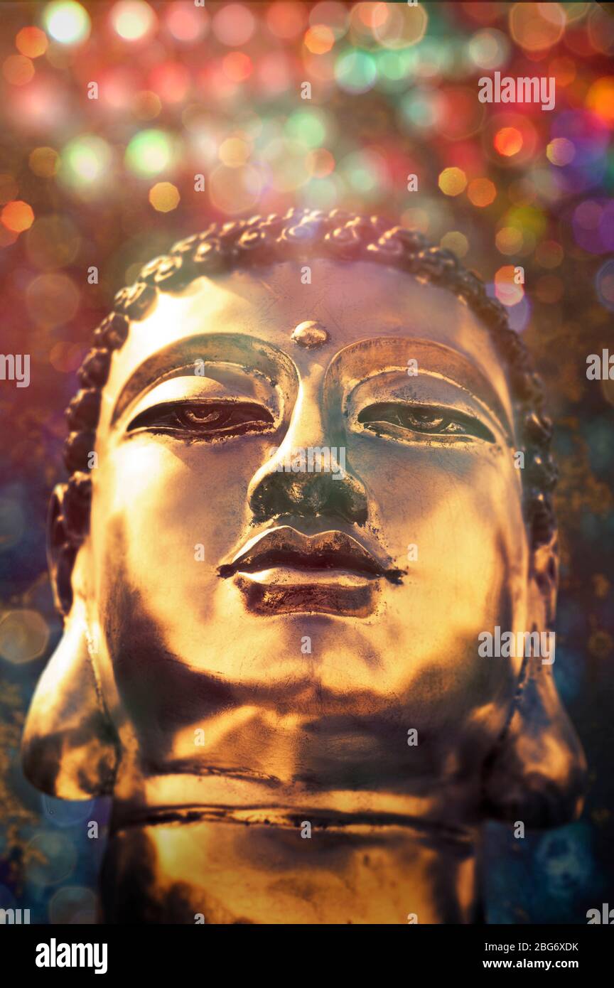 Buddha Head in gold. Celebration Religious Festival Concept Stock Photo